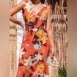 CUPSHE Orange Misty Tropical Floral Tie Strap Midi Dress Size Medium NWT Travel